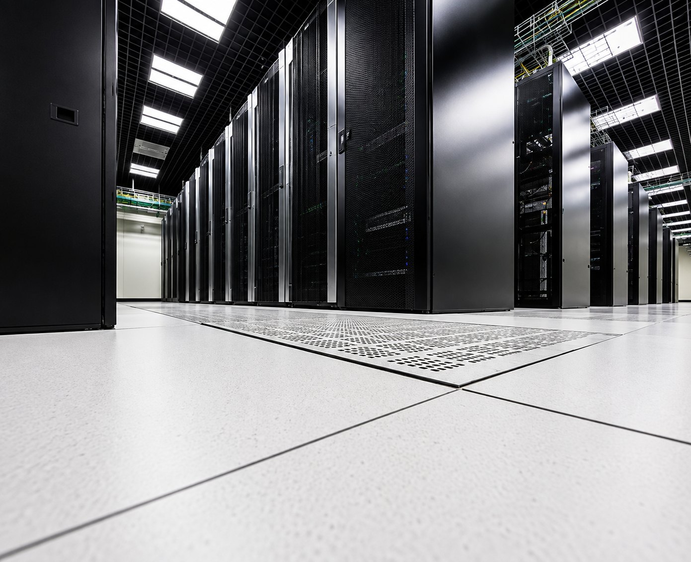Centro de proceso de datos con suelo tecnico elevado y panel perforado en pasillo frio