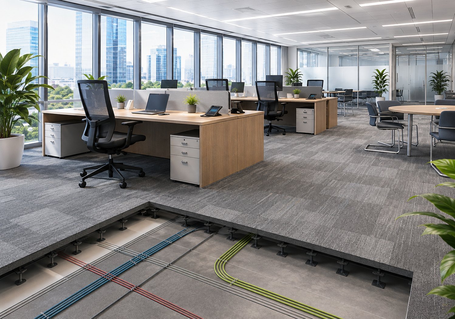 Planta de oficinas con suelo tecnico elevado y plenum de cableado a la vista
