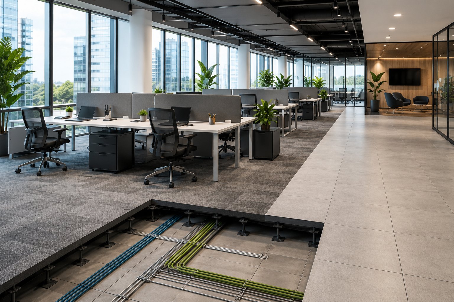 Planta de oficinas con suelo tecnico elevado y plenum de instalaciones registrable